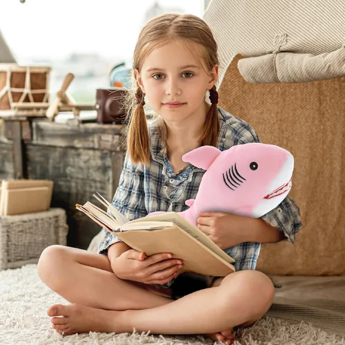 Vista 7 de DolliBu Peluche suave de tiburón rosa para bebé, peluche de tiburón de peluche para niños y niñas, juguetes de animales marinos y regalos