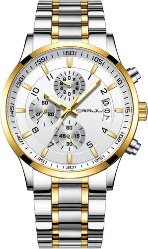 Vista 11 de CRRJU - Relojes de moda para hombre de acero inoxidable, cronógrafo, impermeables con fecha, de pulsera, correa de acero inoxidable, resistente al