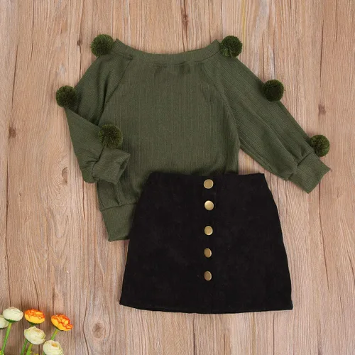 Vista 2 de Conjunto de ropa de 2 piezas para niñas pequeñas para otoño e invierno Verde militar