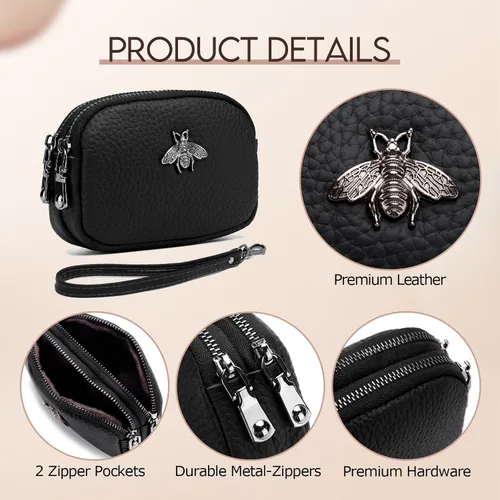 Vista 5 de imeetu Monedero de cuero para mujer, cartera pequeña con 2 bolsillos con cremallera