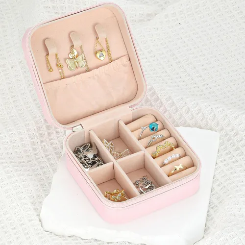 Vista 8 de Souarts Joyero de viaje, caja de joyería pequeña de PU y organizador, estuche de joyería de viaje rosa para mujeres y niñas, anillo organizador