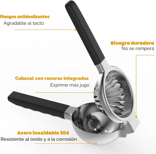 Vista 3 de Exprimidor de limón de acero inoxidable - Exprimidor de cítricos de metal - Exprimidor de limón y frutas con asas de silicona - Exprimidor manual