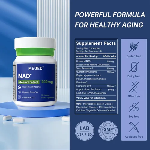 Vista 2 de NAD+ Suplemento de resveratrol de 1000 mg liposomal extra fuerte con resveratrol, CoQ10, quercetina y té verde orgánico para mujeres y hombres