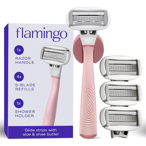 Vista 8 de Flamingo Juego de maquinilla de afeitar para mujer, mango de afeitar, 4 recambios de cuchillas de afeitar, soporte de ducha, cromado
