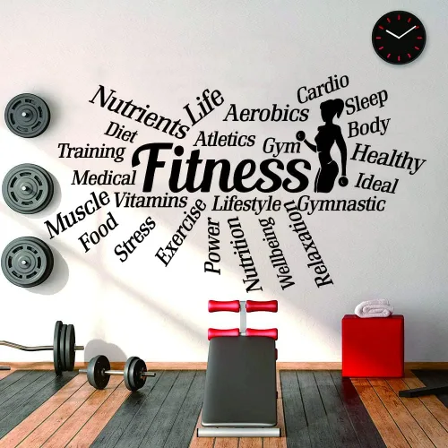 Vista 3 de Calcomanía de pared de fitness, 18 x 33 pulgadas, calcomanía motivacional de PVC con palabras como entrenamiento, alimentos, potencia, sueño
