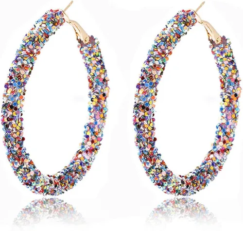 Vista 2 de Caiyao Preciosos aretes de aro con lentejuelas brillantes chapados en oro con diamantes de imitación para mujeres y niñas