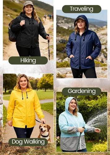 Vista 6 de Zando Plus Size Rain Jacket Womens Waterproof - Lightweight Packable Raincoat Hooded Windbreaker Travel Rain Coat for Women