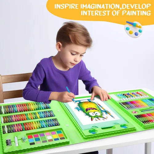 Vista 8 de homicozy Suministros de arte para niños de 4 a 12 años, estuche de arte con juegos de dibujo de dinosaurios, kits de colorear con caballete triple