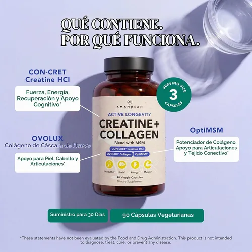 Vista 5 de AMANDEAN Creatina HCl + colágeno + cápsulas MSM, CON-CRET y OptiMSM, 90