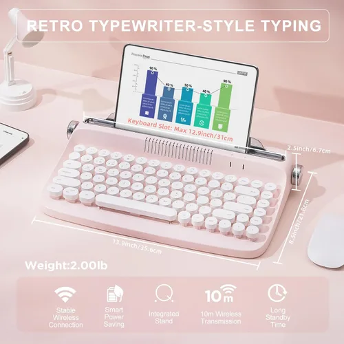 Vista 2 de YUNZII ACTTO B303 Wireless Retro Typewriter Bluetooth Keyboard(Baby Pink) Conexión estable de Bluetooth, tiempo de espera largo, con soporte