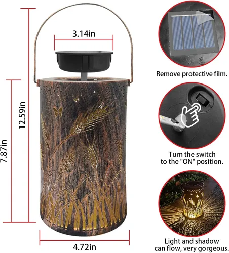 Vista 7 de Faroles solares impermeables para exteriores, luces solares de libélula de metal, luces solares decorativas de mesa, farol colgante solar, luces