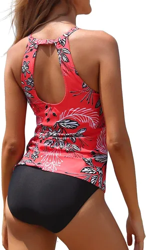 Vista 2 de Yonique - Traje de baño estilo tankini, cuello alto halter para mujer, dos piezas, estampado floral