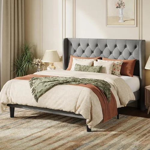 Vista 13 de SHA CERLIN Marco de cama tapizado completo, diseño capitoné con botones, color beige