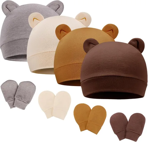 Vista 21 de DRESHOW Gorro de recién nacido con orejas de oso y manoplas, conjuntos de gorro de algodón para prematuros, gorro de bebé para niño y niña, gorro