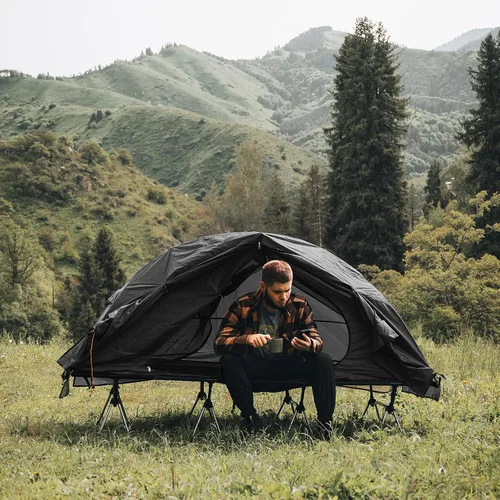 Vista 7 de Night Cat Tienda de campaña para cuna – Impermeable 1 persona fuera del suelo Combo cama para adultos portátil fácil instalación tienda negro 31.5