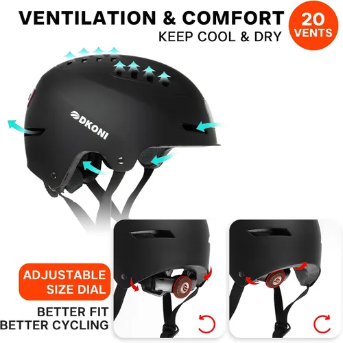 Vista 6 de DKONI Casco de bicicleta con luces LED, casco de bicicleta para viajeros, casco de ciclismo recargable por USB, casco de luz LED frontal y trasera