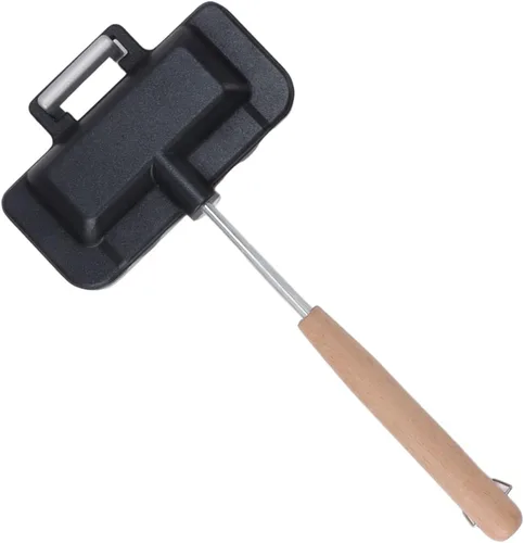 Vista 5 de Fdit Sartén de doble cara para hornear de aleación de aluminio, sartén para sándwiches con mango de madera maciza, tostadora antiadherente