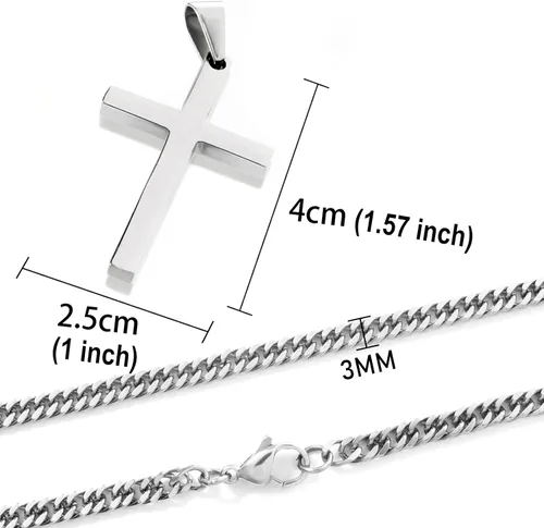 Vista 2 de Tuewut Collar de cruz para hombre, collar con colgante de cruz lisa de acero inoxidable plateado y dorado para hombre, cadena cubana de 18 a 26