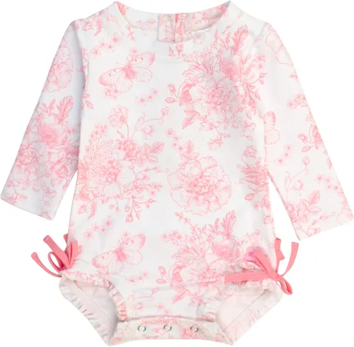 Vista 31 de RuffleButts - Traje de baño de una pieza con protección solar UPF 50+, camiseta de protección floral estampado, manga larga, con cierre zipper