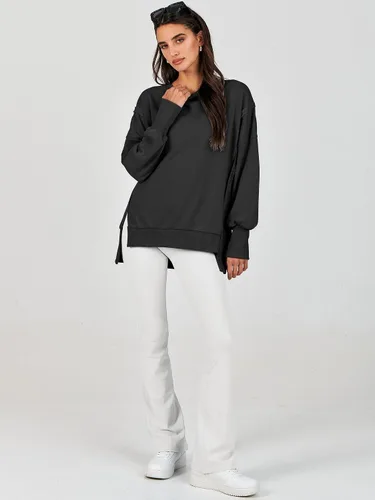 Vista 9 de Caracilia Sudadera de gran tamaño para mujer, cuello redondo, manga larga, sudadera con capucha, ropa de otoño a la moda