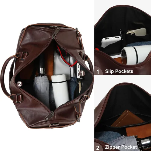 Vista 3 de LXY - Bolsa de viaje de piel vegana, bolsa de viaje para fin de semana con compartimento para zapatos, bolsas de gimnasio para mujeres y hombres