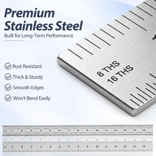 Vista 6 de EBOOT 2 Pcs Stainless Steel Ruler Machinist Engineer Ruler with Markings 1/8, 1/16, 1/32, 1/64 Inch for Engineering, School, Office, Architect, and