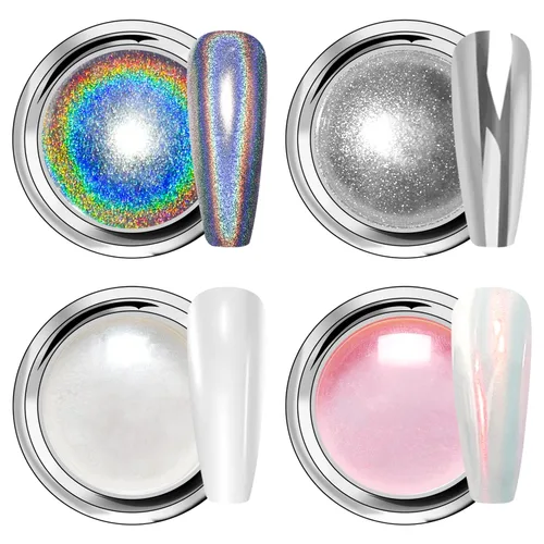 Vista 17 de Polvo de uñas cromado dorado LEDSUUEI Super Mirror Nail Glitter, polvo de metal Holo cromo para uñas, pigmento blanco aurora, dona vidriosa perla