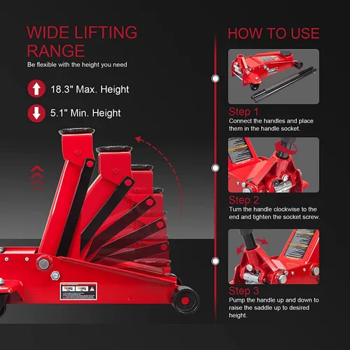 Vista 4 de BIG RED ATZ830023R Torin - Gato hidráulico de suelo de acero resistente, con bomba de elevación rápida de doble pistón, capacidad de 3 toneladas