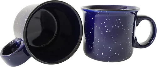 Vista 3 de Taza de café de cerámica de 14 onzas (juego de 4), color azul con acabado moteado, taza duradera de pared gruesa estilo campamento para exteriores