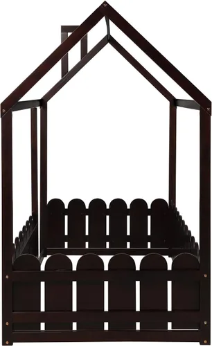 Vista 6 de Merax House Bed Twin Size Wood Bed Frame with Roof and Fence for Girls, Boys, Weight Capacity No Limit (Espresso)