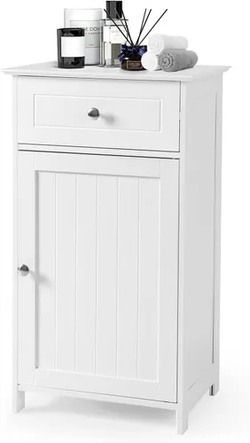 Vista 11 de GLACER Armario de suelo de baño, gabinete de almacenamiento lateral de una sola puerta con cajón, organizador de almacenamiento de madera para baño