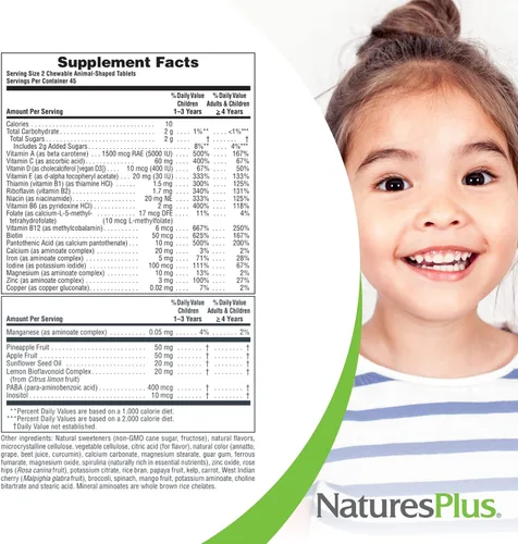 Vista 6 de Natures Plus Animal Parade - Multivitamínico masticable para niños, 90 tabletas en forma de animal, sabores surtidos naturales, vegetariano, sin