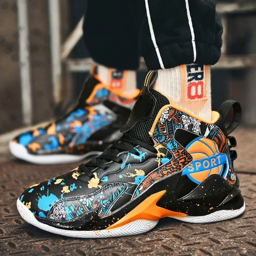 Vista 3 de MAUGELY Zapatillas de deporte de baloncesto para hombre, caña alta, para jóvenes, estudiantes, deportes, ocio, graffiti, zapatillas para correr