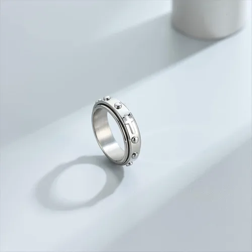 Vista 2 de Adreamz Anillo giratorio de 0.236 pulgadas para aliviar la ansiedad con cuentas de rosario Cruz Señor oración platanegroorooro rosa anillo de acero