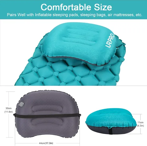 Vista 2 de Almohada inflable ultraligera de viaje para campamento, compresible, compacta, cómoda, ergonómica, para cuello y campamento de apoyo lumbar, Verde