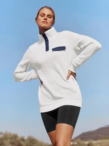 Vista 4 de MEROKEETY sudadera de manga larga con cuello en V y botones acolchados con retazos para mujer.