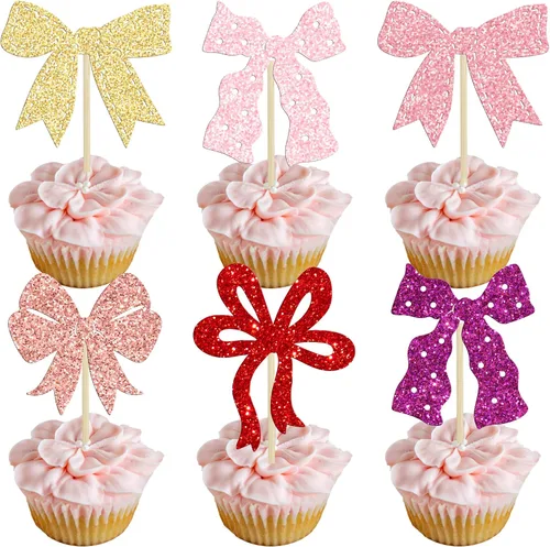Vista 24 de Ephlyn 24 adornos para cupcakes con lazo para decoración de pastel de cumpleaños, decoración de fiesta de cumpleaños para niñas, decoración de Negro