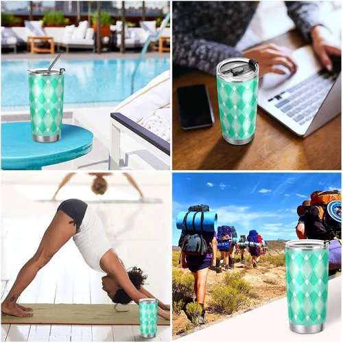 Vista 7 de Turquoise lozenge rhomb Stainless Steel cup with lid with Straw Leak Resistant Flip coffee mug to go for gym simply Vacuum Insulated Tumbler