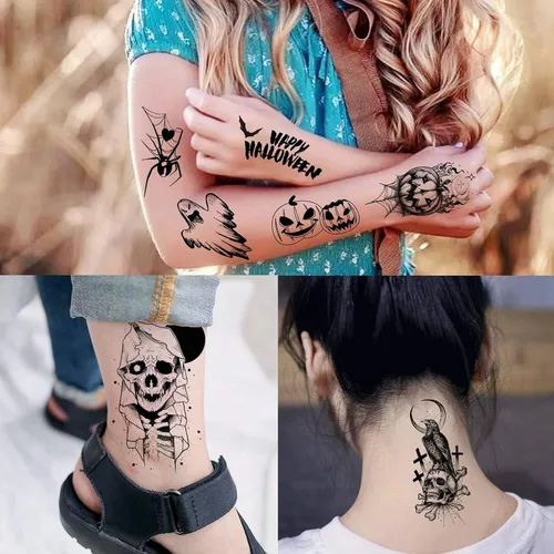 Vista 6 de 52 hojas de tatuajes temporales de Halloween para niños, niñas, mujeres, hombres, adultos, 3D de cara aterradora, calavera, tatuajes falsos
