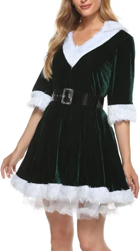 Vista 2 de Wrrkayly Disfraz de Papá Noel para mujer, de terciopelo, con capucha, vestido de Navidad, sexy, juego de rol, cosplay, vestido de fiesta