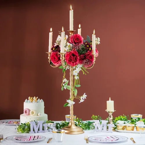 Vista 2 de Sziqiqi Candelabro de Piso Alto de 28 Pulgadas Portavelas Cónico para Velas y Portavelas de Metal Floral Centro de Mesa para Boda Fiesta Evento