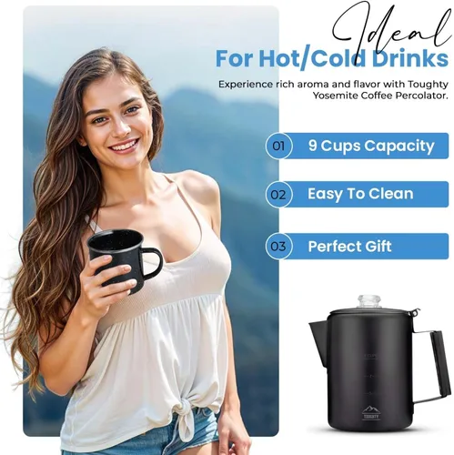 Vista 6 de Cafetera Percoladora Toughty Yosemite – Cafetera Clásica de Estufa para Acampar, Senderismo y Hogar, Olla Duradera de Acero Inoxidable, Compatible