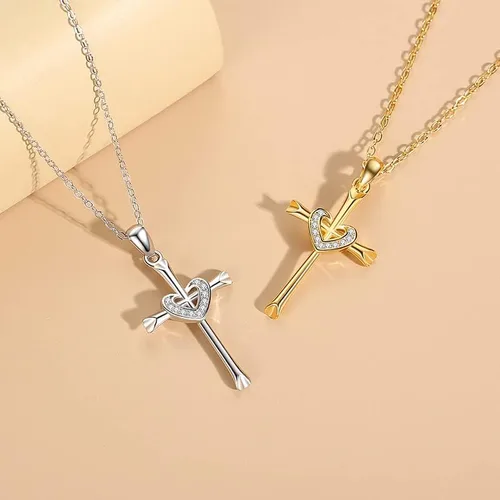 Vista 3 de Collar con dije de cruz de plata de ley 925 para mujer, collar con dije de corazón de fe para niñas, mamá, esposa, adolescente, regalo para el día