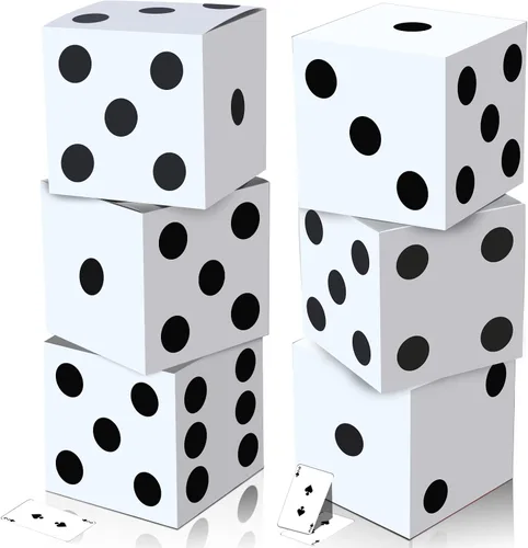 Vista 9 de Tinlade 6 cajas de dados de 11 pulgadas Jumbo Vegas Casino Decoración de fiesta temática Big Vegas Decoración gigante de mesa dados de cartón