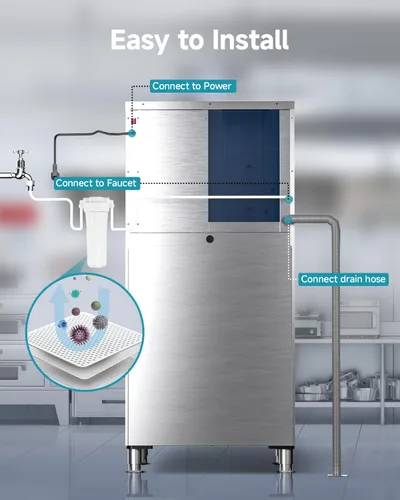 Vista 7 de EUHOMY Máquina comercial para hacer hielo, 1000 libras/24 horas, máquina de hielo industrial con contenedor de almacenamiento de 300 libras, lista