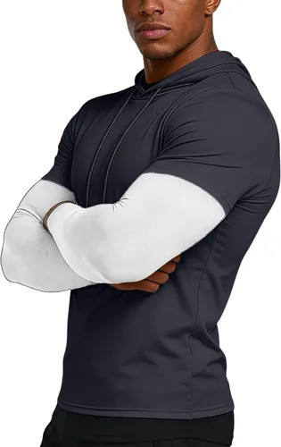 Vista 2 de Sudadera con capucha de secado rápido para hombre, manga larga, falsa de dos piezas, color sólido, camiseta atlética para entrenamiento y fitness