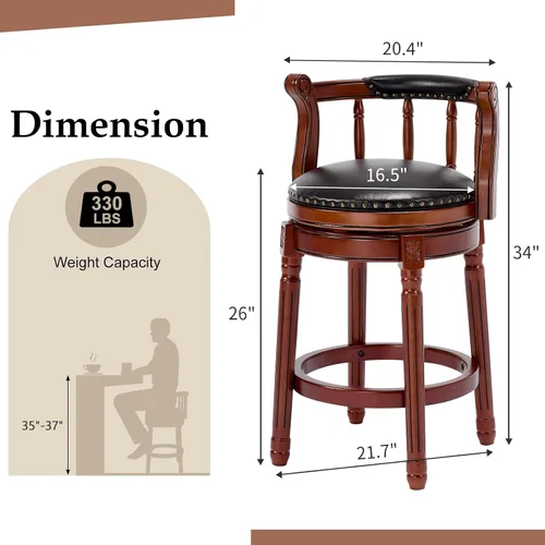 Vista 2 de RAINMOOD Juego de 2 taburetes de bar, taburete tapizado de cuero de grano completo, silla de bar negra con respaldo, patas de madera maciza