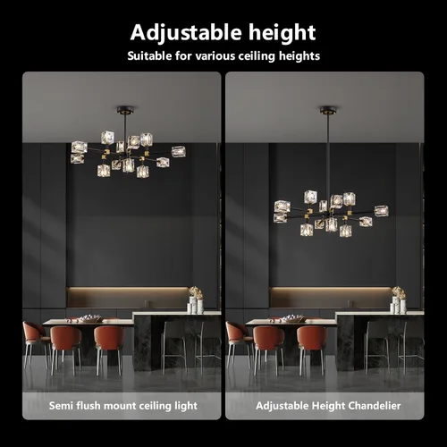 Vista 7 de Candelabro de Cristal Negro, Lámparas de Araña Sputnik con 12 Luces, Lámpara de Techo Moderna Ajustable en Altura Semiempotrada para Comedor, Isla