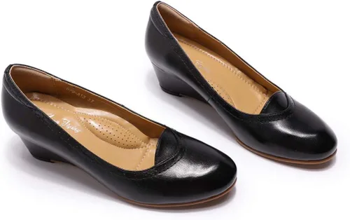 Vista 7 de Mona flying Women's Leather Closed Toe Mid Wedges Pumps Dress Heel Shoes Negro