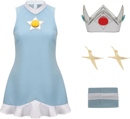 Vista 4 de Tappkice Vestido de princesa Rosalina azul para mujer, disfraz de cosplay con corona, vestido sin mangas, falda, traje deportivo de Halloween